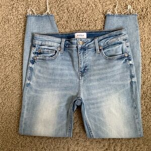 Pistola size 29 tapered leg light wash denim raw hem blue jeans